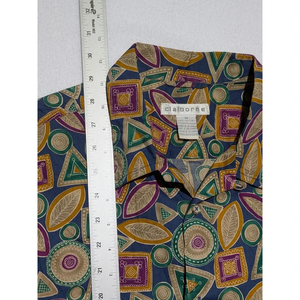 Claiborne Mens Short Sleeve‎ Button Down Shirt Geometric Print Blue Size M